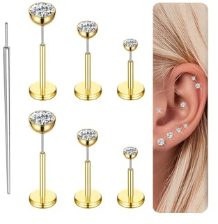 Gotumo 16G Flat Back Earrings Stud Titanium Threadless Nose Rings Tragus Labret Cartilage Lip Medusa Conch Body Piercing Jewelry Hypoallergenic for Women Men Gold(W)