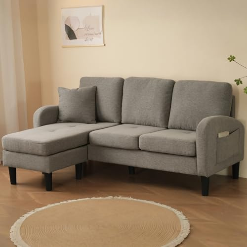 Luscriate Kompaktes L-förmiges Ecksofa mit Chaiselongue, 3-Sitzer Sofa für kleine Räume, Modulares Wohnzimmersofa aus atmungsaktivem Baumwoll-Leinenstoff, ideal für Apartment & Büro
