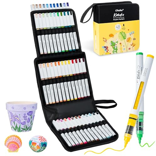 Ohuhu Acrylstifte 48 Rundspitze Deckkraft für Stein DIY –Kahuku | Extra Hohe Deckkraft Automatische Tintensteuerung Wasserresistent Lichtecht für Dunkle Oberflächen DIY - Kahuku