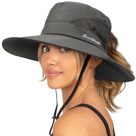 DRESHOW Damen Sonnenhut Outdoor UV-Schutz Hut faltbar Mesh breite Krempe Angeln Pferdeschwanz Strand Eimer Hüte