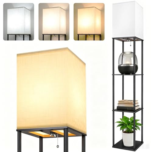 Aimosen Stehlampe mit Regal aus Holz & Metall, LED Stehleuchte mit 3 Farbtemperaturen, 3-stufiges Ablage-Regal, 9W E27 LED, moderne Stehlampe für Wohnzimmer Schlafzimmer Büro, Schwarz