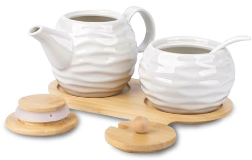 Milch und Zucker Set,Milchkännchen Keramik und Zuckerdose mit Deckel und Löffel,Keramik Sahnekännchen Milchbehälter mit Holztablett für Küche,Mikrowellen und Spülmaschinenfest (Wellenförmige)