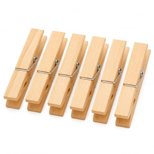 Jumbo Wooden Clothes Pegs 6 Pack – Extra Large Natural Wood Washing Line Clips with Strong Grip for Indoor & Outdoor Use, Wind Resistant Reusable Laundry Clips for Towels, Clothes & Bedding