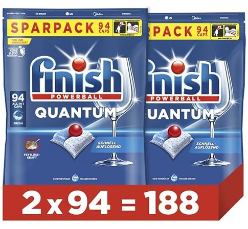 Finish Quantum Fresh Spülmaschinentabs - Geschirrspültabs für kraftvolle Reinigung, Fettlösekraft und Glanz - Sparpack mit 188 Tabs (2 x 94 Tabs)