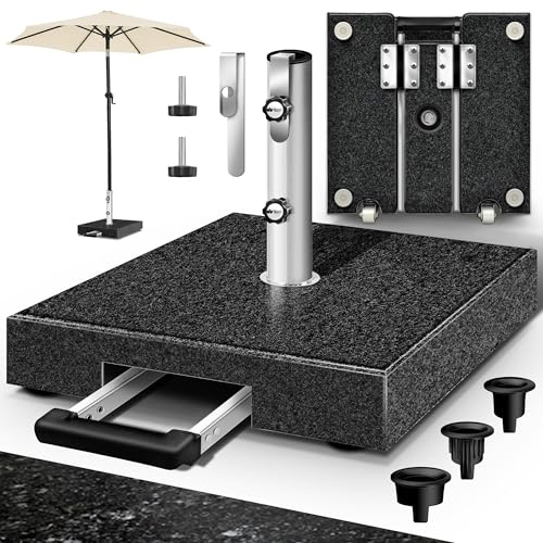 tillvex® Granit Sonnenschirmständer mit Rollen & Trolley-Griff 27 kg Eckig | Schirmständer Sonnenschirm mit Edelstahlrohr | Balkonschirmständer für Schirmstöcke 16-48 mm & 300 cm Schirmdurchmesser