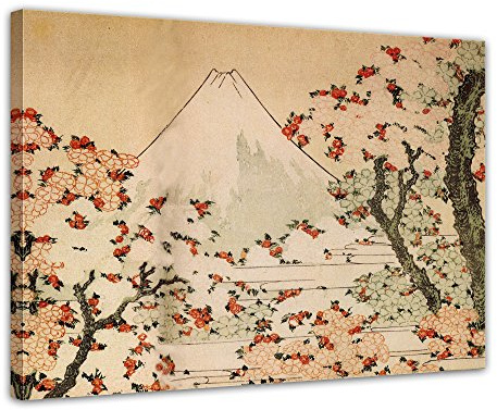Bilderdepot24 Bild auf Leinwand | Katsushika Hokusai - Fujijama mit blühenden Kirschbäumen in 50x40 cm als Wandbild | Wand-deko Dekoration Wohnung alte Meister | NEU-180210-50x40-bad