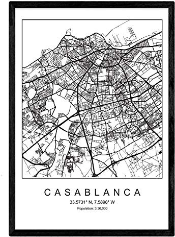 Film Casablanca Stadtplan nordischen Stil schwarz und weiß. Plakat A4 bedruckte Papier Keine 250 gr. Gemälde, Drucke und Poster für Wohnzimmer und Schlafzimmer