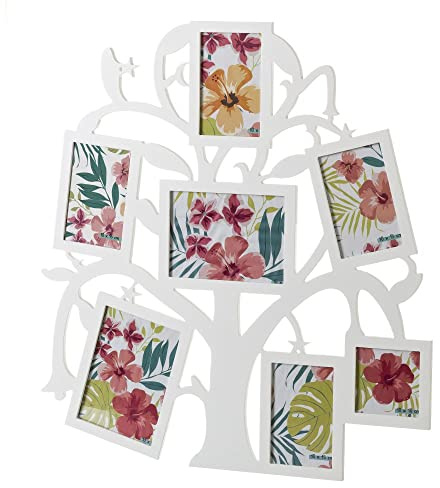 LOLAhome Marco de Fotos Árbol de la Vida para 7 Fotos Blanco de Madera de 61x58 cm