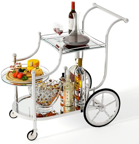 Tangkula Bar Cart, 3-Tier Rolling Home Bar Serving Cart with Mirrored Shelves & 4 Wheels, Mobile Beverage & Wine Cart for Kitchen, Dining Room, Living Room (Silver)