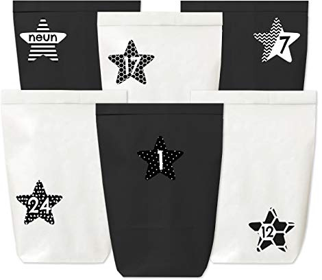 Papierdrachen Adventskalender 2025 zum Befüllen - 24 Papiertüten in Schwarz Weiß mit Zahlenaufklebern - Motiv Sterne - DIY - zum Basteln - Weihnachten