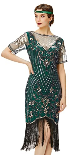 Coucoland 1920s Kleid Damen Kurz Fransen Ärmel Rund Ausschnitt Flapper Kleid 20er Jahre Paillettenkleider Great Gatsby Cocktail Party Damen Fasching Kostüm Kleid