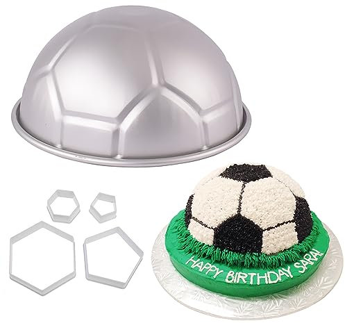 Molde de aluminio para hornear de balón de fútbol 3D de 9 pulgadas con 4 cortadores de galletas hexagonales de pentágono, molde de metal con forma de fútbol, molde de pastel de cumpleaños para niños,