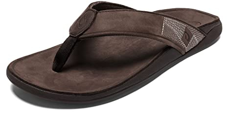 OLUKAI Tuahine Men's Waterproof Leather Sandals, Versatile Beach Flip Flops, Arch Support & Comfort Fit, Lightweight & Durable, Enhanced Grip & Traction, Dark Wood/Dark Wood, 9