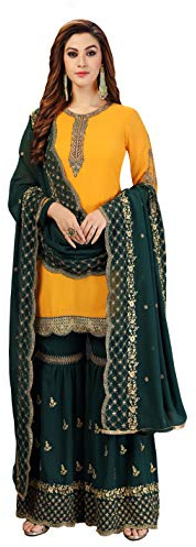 TRENDMALLS Damen Georgette-Stickerei Kurta Sharara Indianisches Pakistanisches Ethno-Kleid, Gelb, Grün, Medium