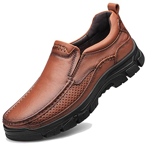 ZASDKE Men's Casual Loafers Classic Business Leather Shoes Comfortable Commuter Office Walking Shoes Brown-2 UK7.5