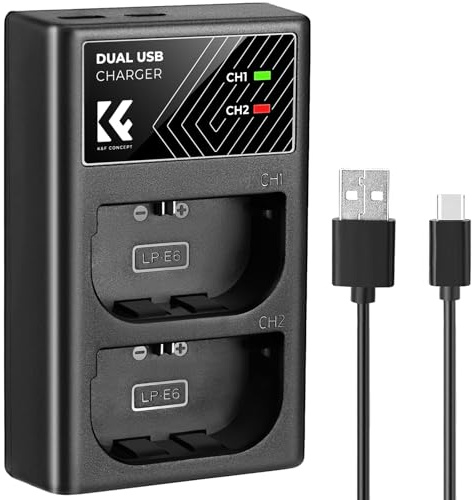 K&F CONCEPT LP-E6/LP-E6N/LP-E6NH Dual Slot Kameraakku Ladegerät, Micro USB und Typ-C Port Schnellladegerät für Canon EOS R5, EOS R6, EOS R, EOS 5D Mark IV, 5D Mark III, 5DS, 5DS R, 5D Mark II, 6D