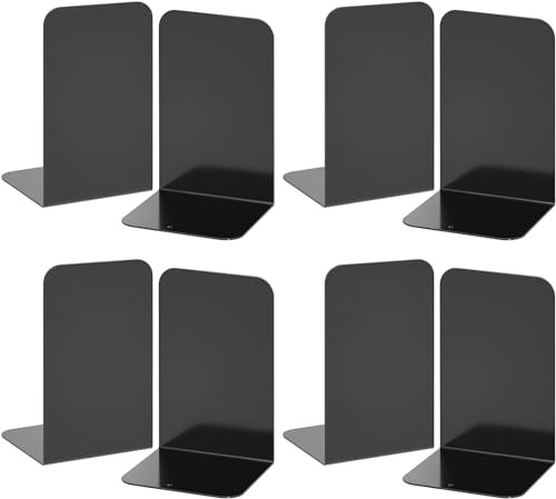 Deefongo 8 Pieces Heavy Duty Black Decorative Metal Bookends，Metal Book Ends Support for Shelves Divider Stopper Holder with Non-Slip Rubber Pad for Decor, Home, Office, Library, School, Gift