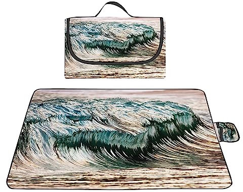 TengYuer Picknickdecke 180x200cm Stranddecke Wasserdicht Sandfrei Isoliert Faltbar Strandmatte mit Tragegriff Outdoor Campingdecke XXL für Camping Parks Strände Picknick GrüNe Welle