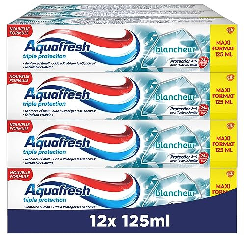 Aquafresh Dentifrice Triple Protection Blancheur, Pour Des Dents Fortes et Une Haleine Fraiche, Lot de 12x125ml