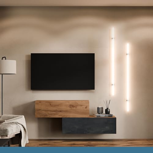 Planetmöbel TV Schrank 200 cm Wohnwand Lowboard Set | Fernseher 55 Zoll, Wohnzimmer Fernsehtisch viel Stauraum, hängend, 2x Fernsehschrank 100 x 30 x 37,5 cm, gold eiche &