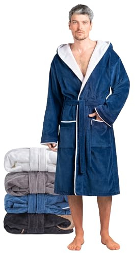 Twinzen Bademantel Herren Frottee Velour Königsblau - Baumwollsamt - Morgenmantel Herren Baumwollvelours Bademantel Herren Baumwolle OekoTex Extra weich Größe XL