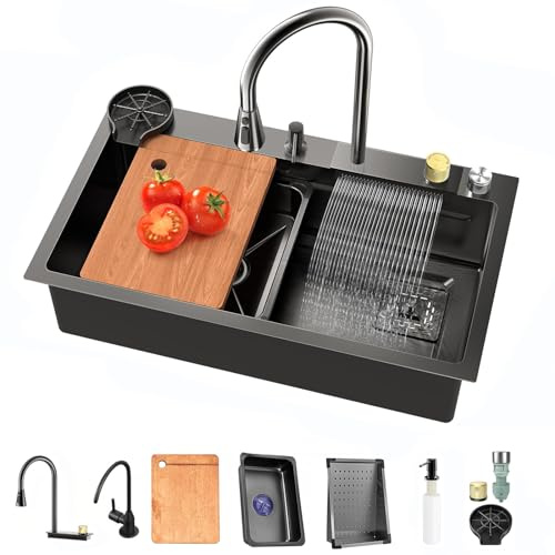 TULAZOU Évier de cuisine cascade, évier en acier inoxydable 304, évier de cuisine gris foncé, évier de cuisine multifonction avec robinet extractible et autres accessoires（75x45cm）