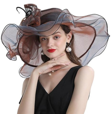 GIBZ Damen Fascinator Hüte Organza Große Krempe Faltbar und Luxuriös 1920er Jahre Derby Sonnenhut für Teeparty Kirche Hochzeit, Braun