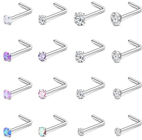 Finrezio 16 Pezzi 18/20G Acciaio Chirurgico Naso Piercing Brillantino Donna Uomo Orecchini Narice a Forma di L Naso Stud Cubic Zironic Gioielli
