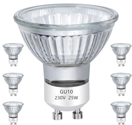 VINBE 25W GU10 Halogen Light Bulb, Gu10 Spotlight Bulb 2 Pin 38° Beam Dimmable for Track Light Bulbs Glass Cover for Range Hood Light Bulbs, 2800K Warm White, 6 Pieces