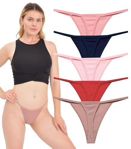 LadyMelex Sexiga stringtrosor för kvinnor, bomull, ledig stringtrosa 5-pack (Perfect Fall), 5 stycken (mink, lax, puder, vinröd, marinblå), M