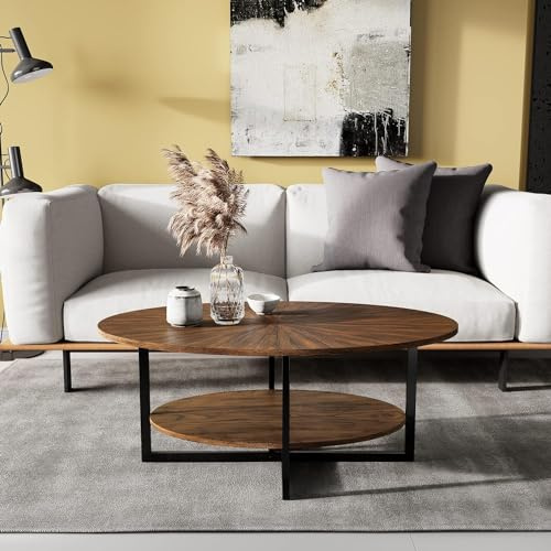 PADMA HOUSE Soffbord ovalt trä med metallben i form av ett kors, 110 cm vardagsrumsbord med förvaringsutrymme Litet modernt soffbord för hem och kontor (Rustik brun)