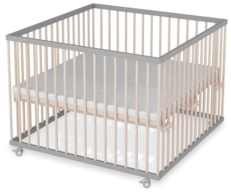 Sämann Laufstall Baby mit Lattenrost und Matratze | stufenlos höhenverstellbar | Laufgitter Premium | Babybett aus Holz | Krabbelgitter (grau/natur, 100x100 cm)