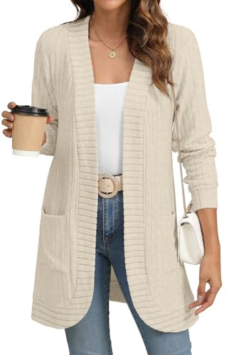 YSYOKOW Cardigan Sweaters for Women Long Sleeve Open Front, Beige, XXL