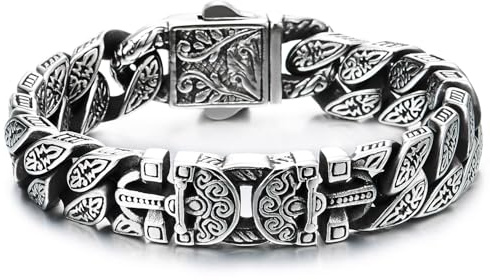 COOLSTEELANDBEYOND Herren Tribal Tätowierung Muster Gliederkette Armband, Schick Vintage Panzerkette Armband Edelstahl Schwere Robust