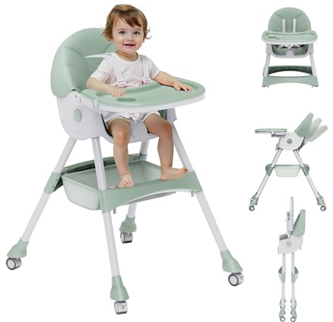 High Chairs for Babies and Toddlers, 4 in 1 Convertible Baby High Chair, Portable High Chair for Travel with Adjustable Height and Back, Foldable HighChair with Wheels& Pu Cushion (Green)