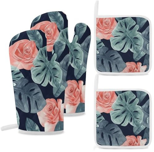 Ofenhandschuhe und Topflappen, hitzebeständig, Topflappen, rutschfest, Aquarell-Monstera-Muster, Ofenhandschuhe zum Kochen, Backen, Grillen, 4-teilig