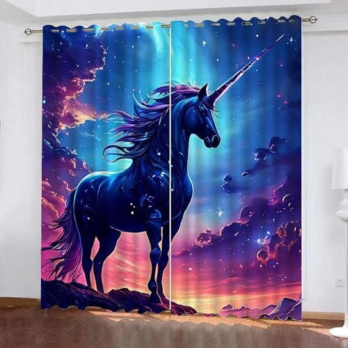 Gardinen Tiere Motiv Galaxy Einhorn Pferd 2 Stück H 245Cm X B 140Cm,Vorhang Blickdicht Ösen Kurz,Verdunklungsvorhänge Kinderzimmer Mädchen Jungen,Kinder Vorhang Verdunkelung Für Schlafzimmer,A30