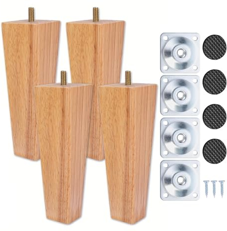 Goomp Möbelfüße Holz 10cm,4 Stück Möbelfüße Holz Eiche Möbelfuß Sofa Beine Beine für Kommode Tischbeine Vierkant Möbelbeine mit Montageplatten Schrauben und Fußpolster für Bett,Sessel,Schrank
