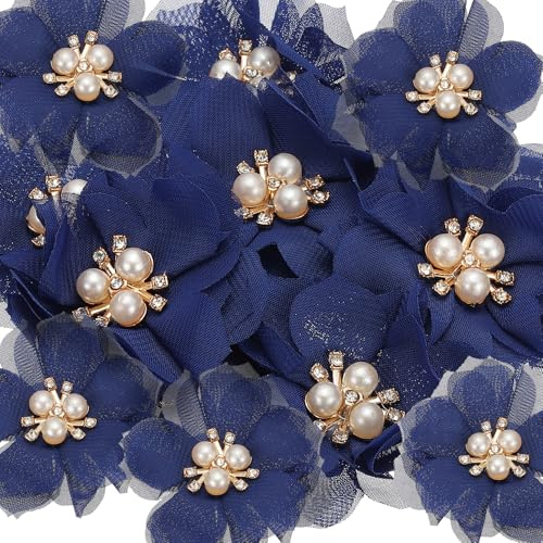 PATIKIL 2,36 Zoll Strass Perlen Chiffon Blume, 15 Stück Nähen Stoff Applikationen für DIY Handwerk Kleidung Stirnbänder Hochzeit Party Dekoration, Saphirblau
