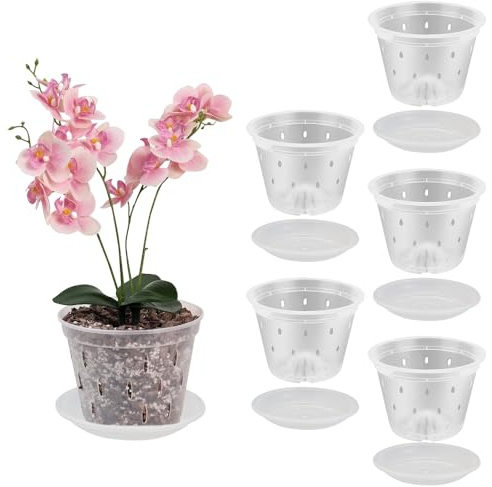 HIULLEN Lot de 6 pots à orchidées transparents de 10 cm, 14,5 cm, 16 cm, 5 pots de fleurs de 16 cm en plastique avec trou de drainage et plateau, pots de semis, pots de plantes d'intérieur, pots de