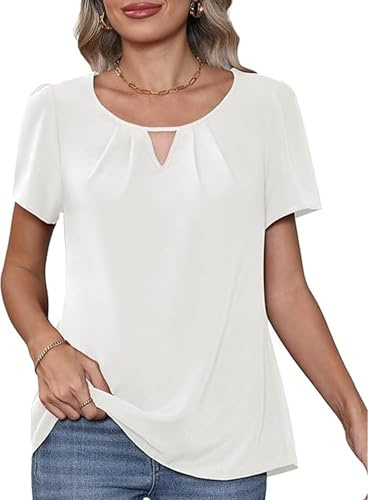 YGJIEGENG Womens Summer Tops, Short Sleeve Blouses | Chiffon T Shirts, Pleated Round Neck, Keyhole, Casual Elegant, Loose Fit