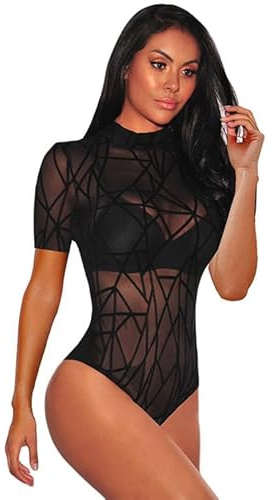 NBBNYJ Body Donna Elegante Pizzo Nero Trasparente Bodysuit Sexy Manica Corta Maglia Intimo Blusa Camicie Top Tuta Gonna Abbigliamento L