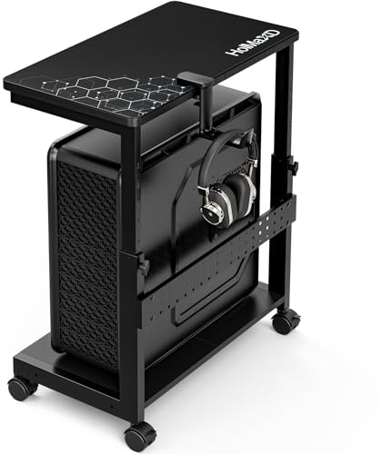 HOLMAXD Height Adjustable Computer Tower Stand, 2-Tier ATX-Case CPU Holder with Mouse Pad & Headphone Stand, Mobile PC Standing Under Desk, Home Office Gaming Accessories, Computer Cart Wheels, Black