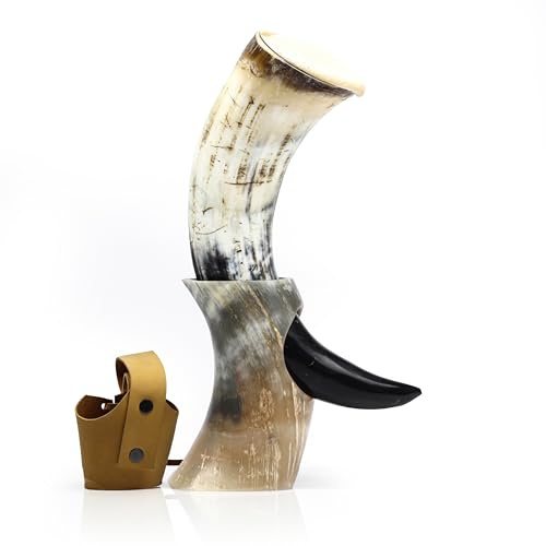 Viking Horn with Stand & Leather Holster, Loud Tumbler for Coffee, Beer, Mead, Whiskey & Ale, Unique Gift for Men, Dad, Brother, Anniversary, Birthday, or Christmas, Nordic & Medieval Decor (Geva)