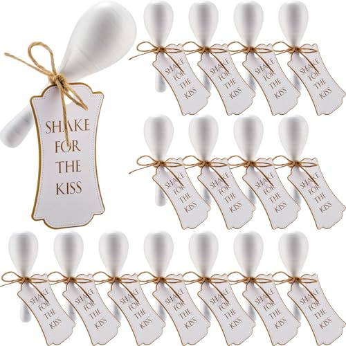 Sonwyoung 16 Pcs Mini Maracas for Wedding 4.65 x 1.5'' Wooden Maracas Bulk Maracases with Gift Tags Musical Instrument for Wedding Favor Church Birthday Baby Shower Bridal Shower Music Party, White