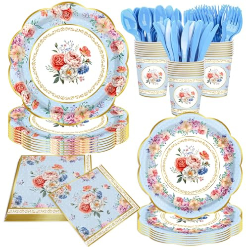 JLCFUTURE 140Pcs, Tea Party Party Tableware Set Wedding Engagement Party Decorations Plates, Serve for 20 Guest (Blue)