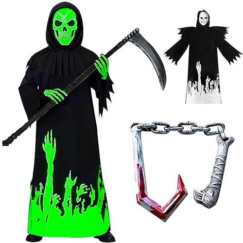 Anyingkai Costume Mietitore Bambino con Guanti, Falci,Costume da Morte Set,Vestito Fantasma Halloween Bambino,Costume Della Morte,Grim Reaper Costume per Halloween,Giochi di Ruolo (XL)