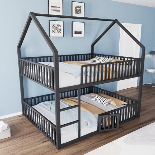 GigaXynium Lit double superposé en métal, lit familial, superposé, avec escalier, design loft, avec petite porte à ouvrir et fermer, noir, 140 x 200 cm