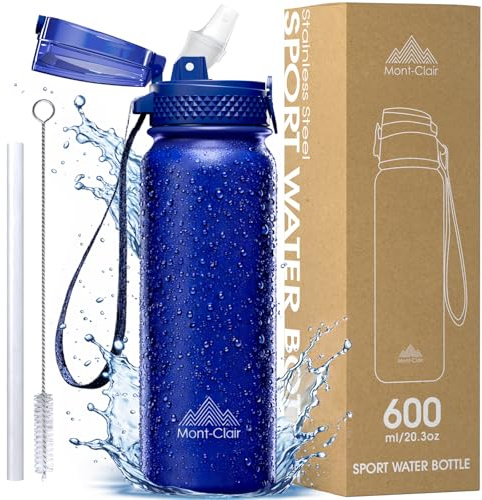 Mont-Clair 600ml - 20oz Stainless Water Bottle with Straw - Gym Water bottle for Women & Men - Double Wall Insulated - Patented Leakproof Lid Design - Keep Drinks Cold & BPA Free - Dark Blue