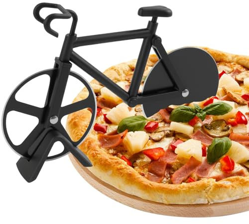 Cortador de Pizza con Forma de Bicicleta, Pizza Cutter Divertido con Doble Cuchilla y Soporte, Cortapizzas de Acero Inoxidable Antiadherente, Gadget de Cocina y Regalo Original,19 cm, Negro